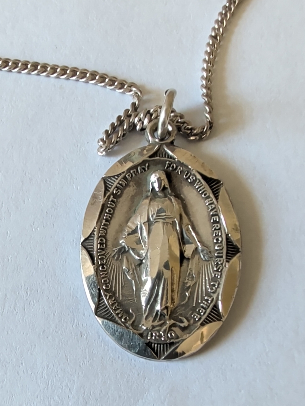 Vintage Sterling Silver Virgin Mary Medal Necklace